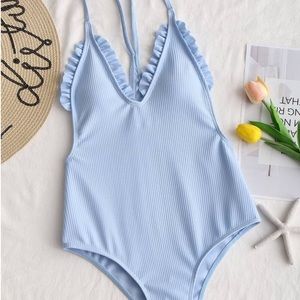 NWT Light Blue Ribbed One-piece with Ruffled Top
